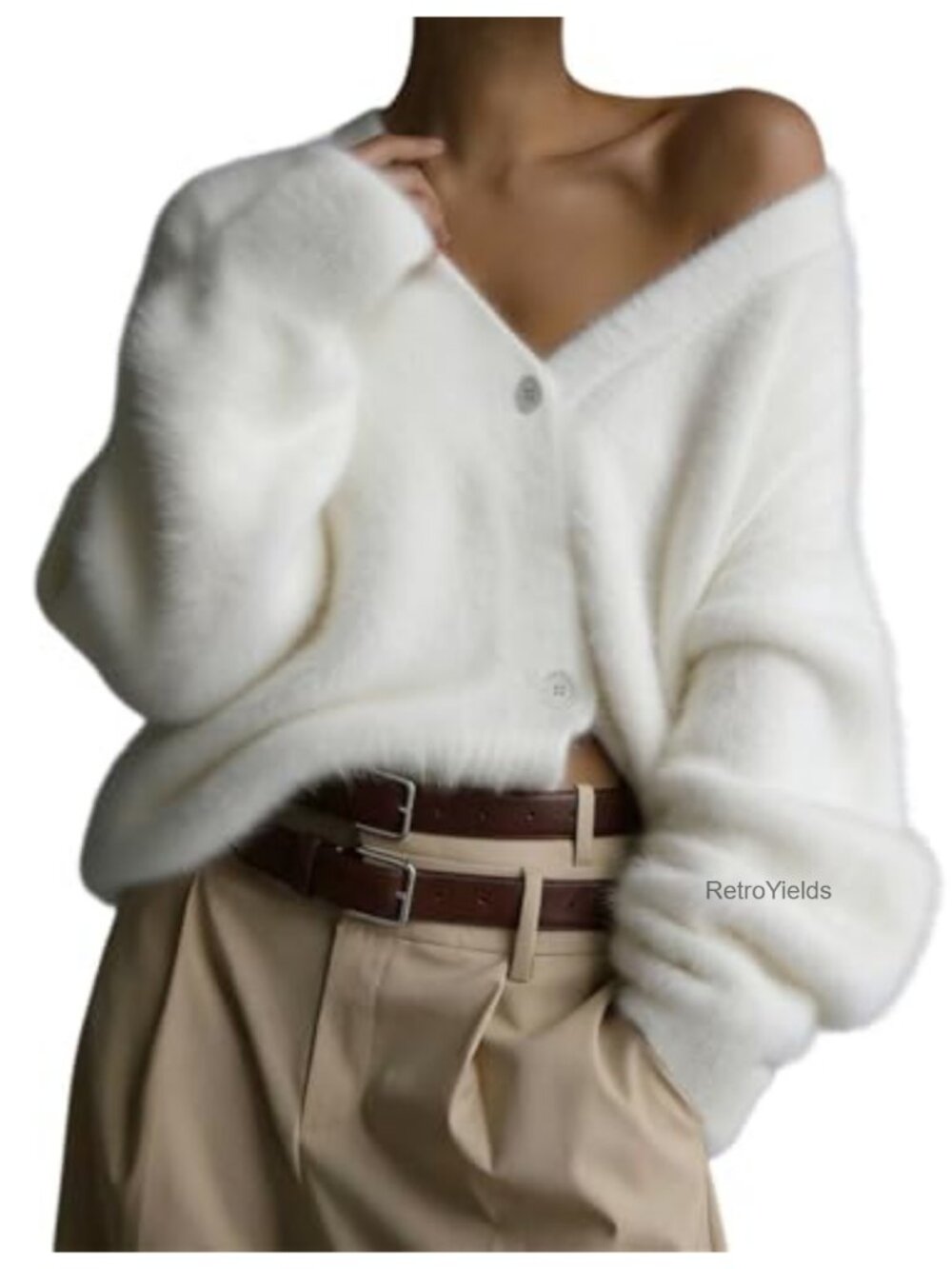 Fuzzy Button Down Cardigan Sweater V-Neck Long Sleeve Knit Coat